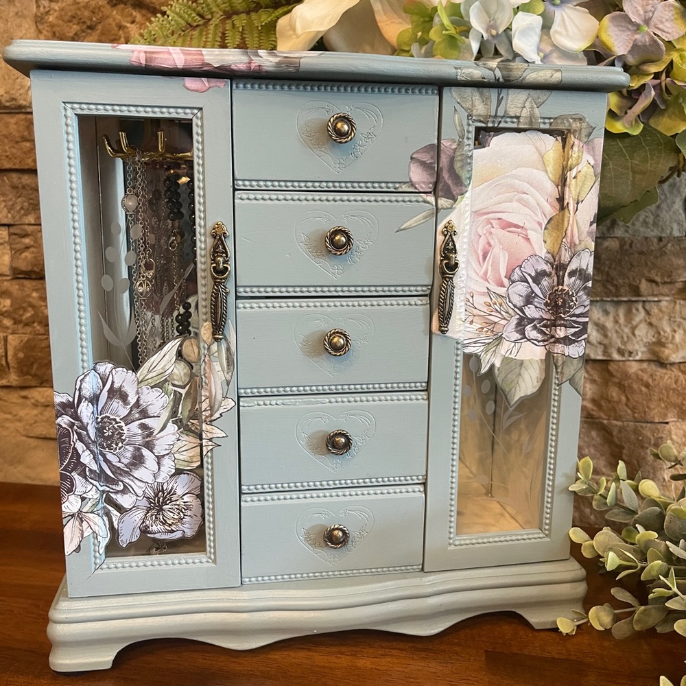 COPY - Vintage Jewelry Box Chalk Paint and Transfers Wooden Jewelry Box light g…